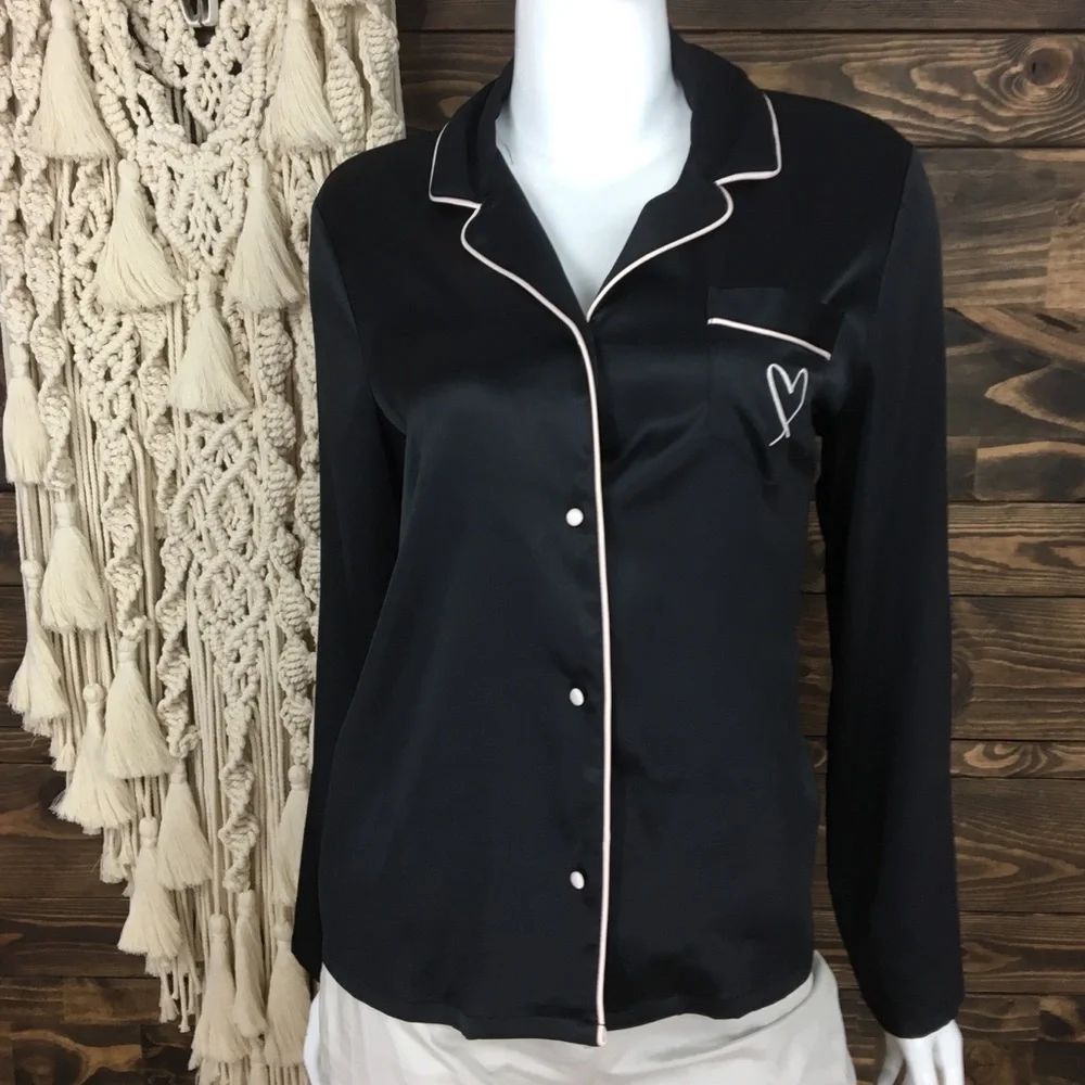 Victoria’s Secret | Button Down Heart Nighty Top Black Silky